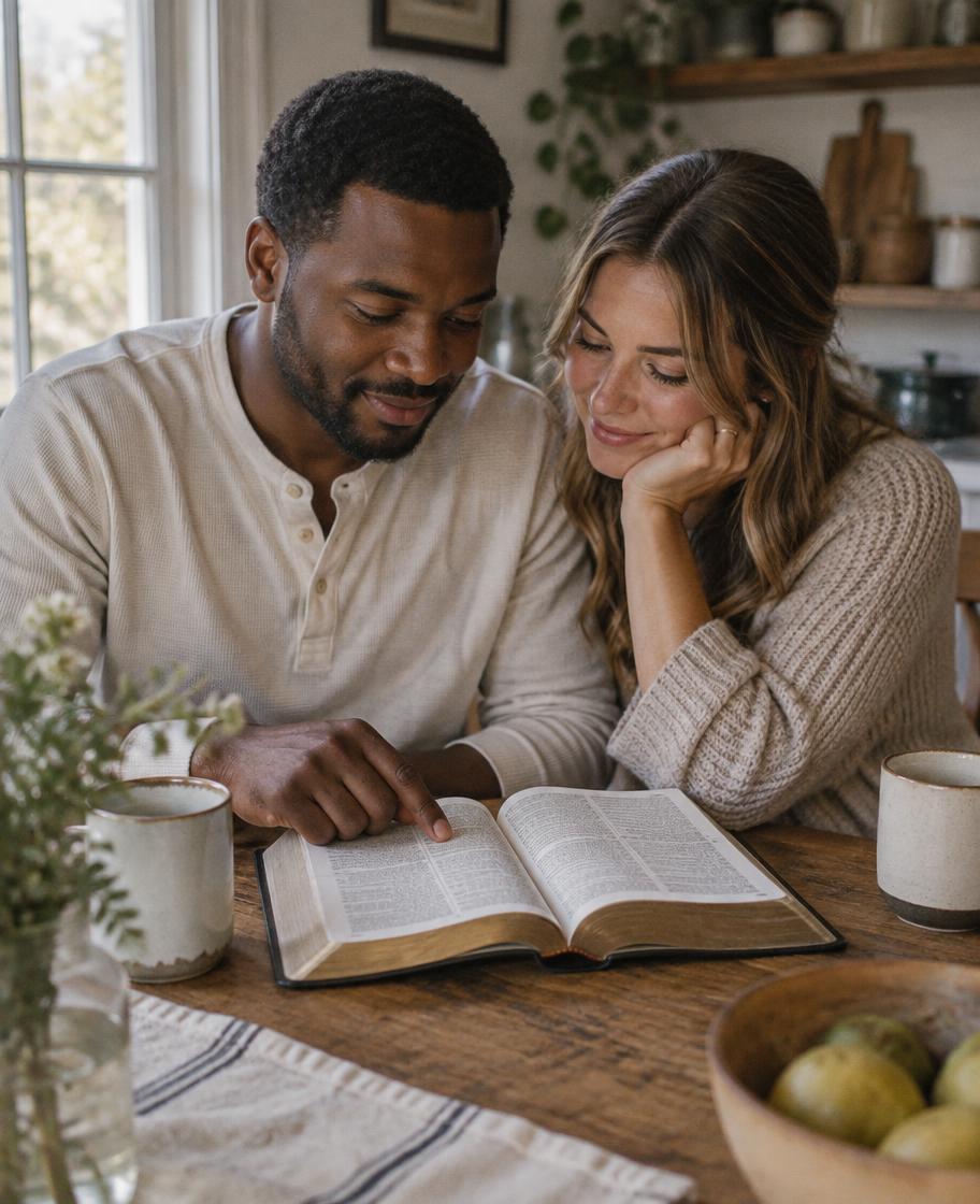 A couple reading an open Bible together at a kitchen table
